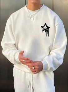 Claim Dot Men Plus Star Print Thermal Lined Sweatshirt - White - View 3