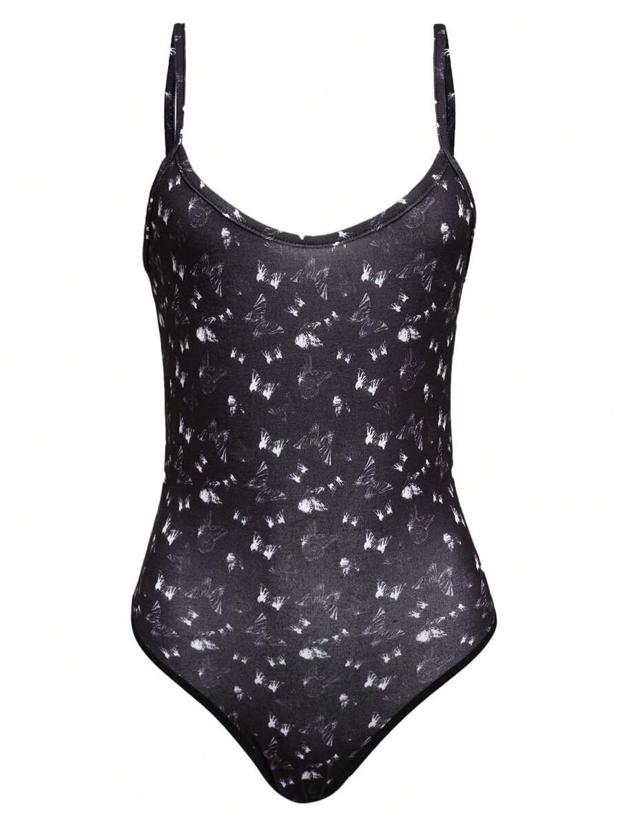 蝴蝶印花連體衣 - 黑色 - 查看 1