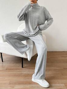 SHEIN Essnce Plain Color Turtleneck Casual 2-Piece Set - Grey - View 6