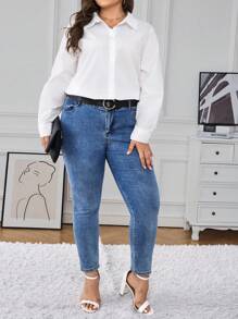 SHEIN Frenchy 大尺碼女士長袖襯衫 - 白色 - 查看 4