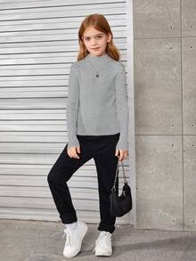SHEIN 女童優雅半高領經典套頭毛衣，長袖款式 - 灰色 - 查看 5