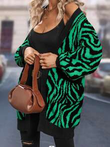 SHEIN LUNE 斑馬紋氣球袖休閒開衫 - 綠色 - 查看 3