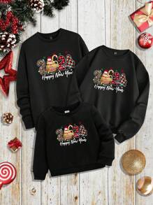 SHEIN LUNE 1pc Casual Round Neck Drop Shoulder Sleeve Sweatshirt With Text Print - Black - View 1