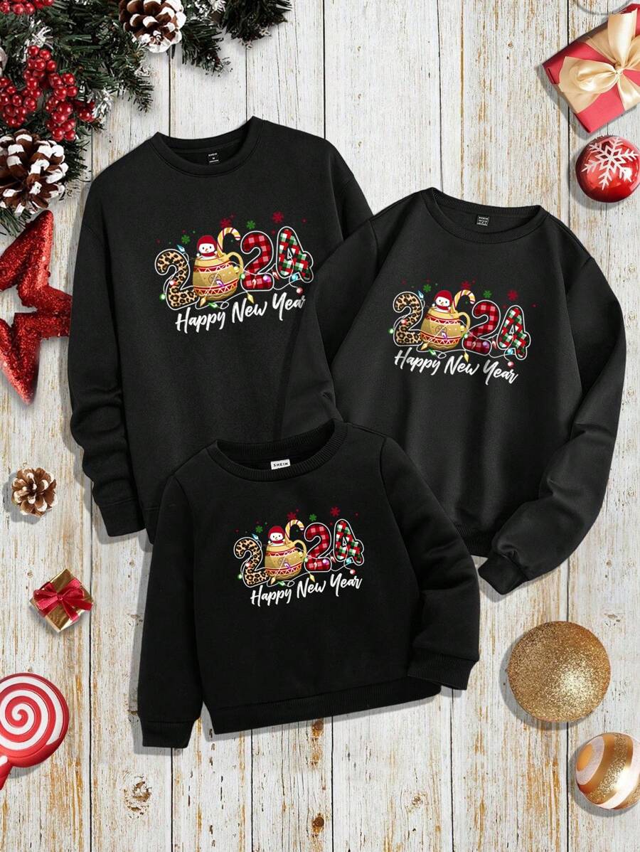 SHEIN LUNE 1pc Casual Round Neck Drop Shoulder Sleeve Sweatshirt With Text Print - Black - View 1