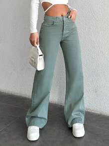 Cottnline Ladies' Casual Denim Trousers With Pockets - Mint Green - View 1