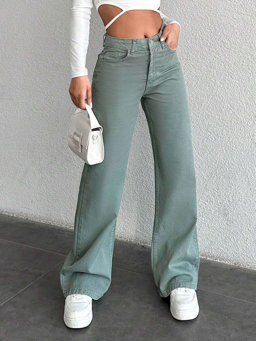 Cottnline Ladies' Casual Denim Trousers With Pockets - Mint Green - View 1