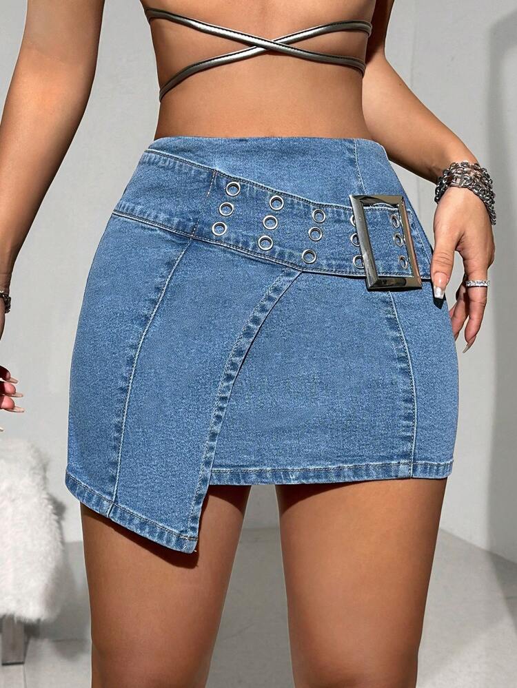 Women's Y2k Punk Elastic Bodycon Mini Denim Skirt With Unique Waistband Design