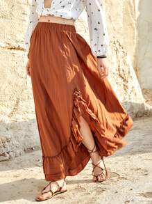 Bohemela 荷葉邊裝飾高開衩不對稱下擺半身裙 - 咖啡棕 - 查看 6