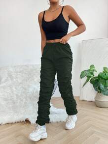 SHEIN PETITE Solid Color Elastic Waist & Pleated Detail Long Pants - Dark Green - View 4