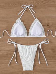 SHEIN Swim 夏季钩针编织孔眼刺绣和荷叶边装饰比基尼套装婚礼