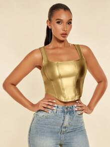 SHEIN BAE 夏季實色PU皮革背心 - 金色 - 查看 4