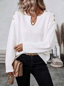 SHEIN LUNE Women'S Notched Collar Button Decorated Sweater Knit Pullover Fall Winter Outfit