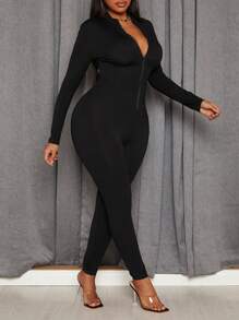 Slaydiva Front Zipper Long Sleeve Unitard Jumpsuit - Black - View 5