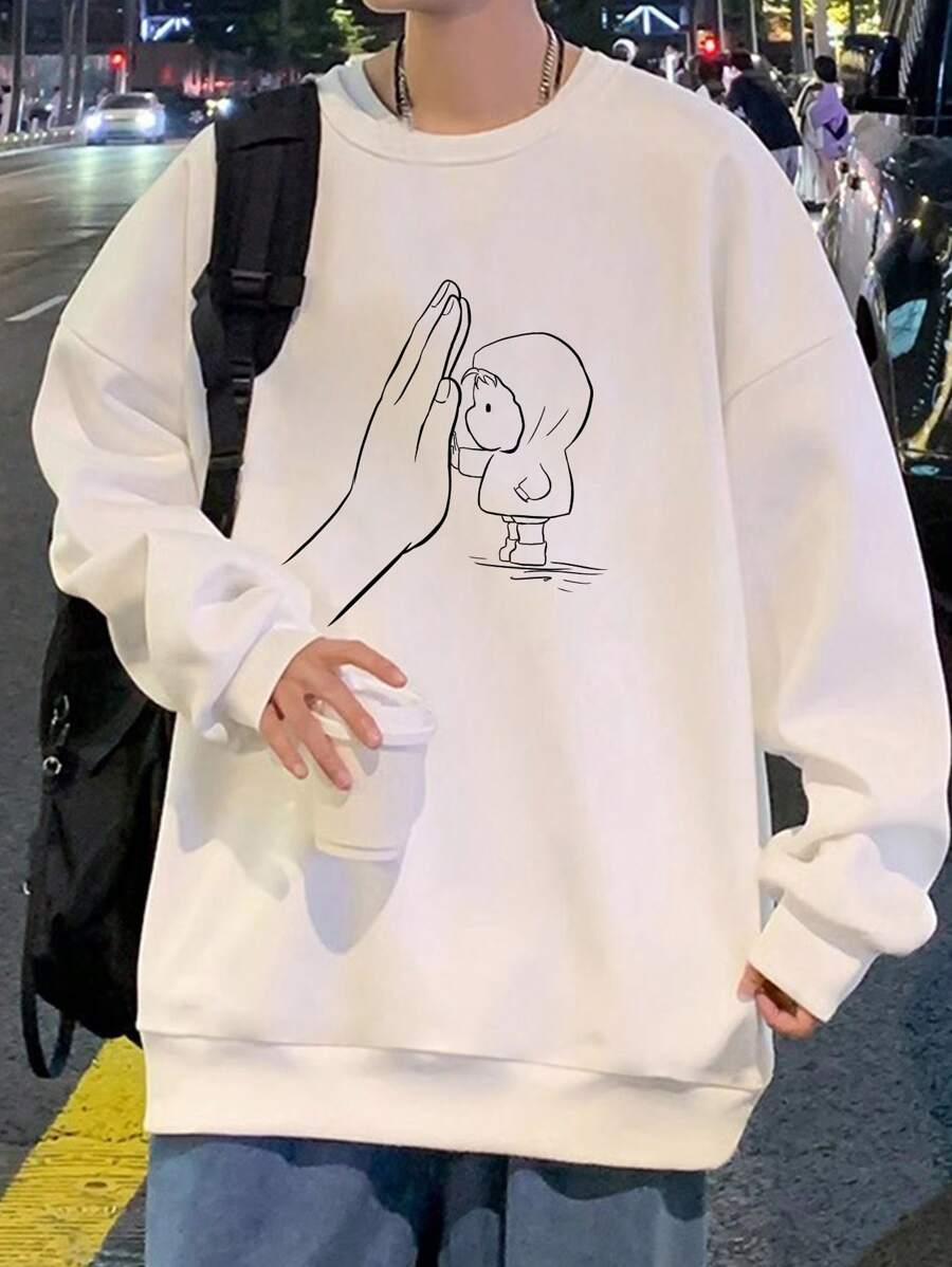 1入組男士卡通圖案落肩袖運動衫 - 白色 - 查看 1