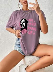 INAWLY 鬼标语印花短袖 T 恤 NO YOU HANG UP 图案 T 恤女式上衣 - 淡紫色 - 查看 6