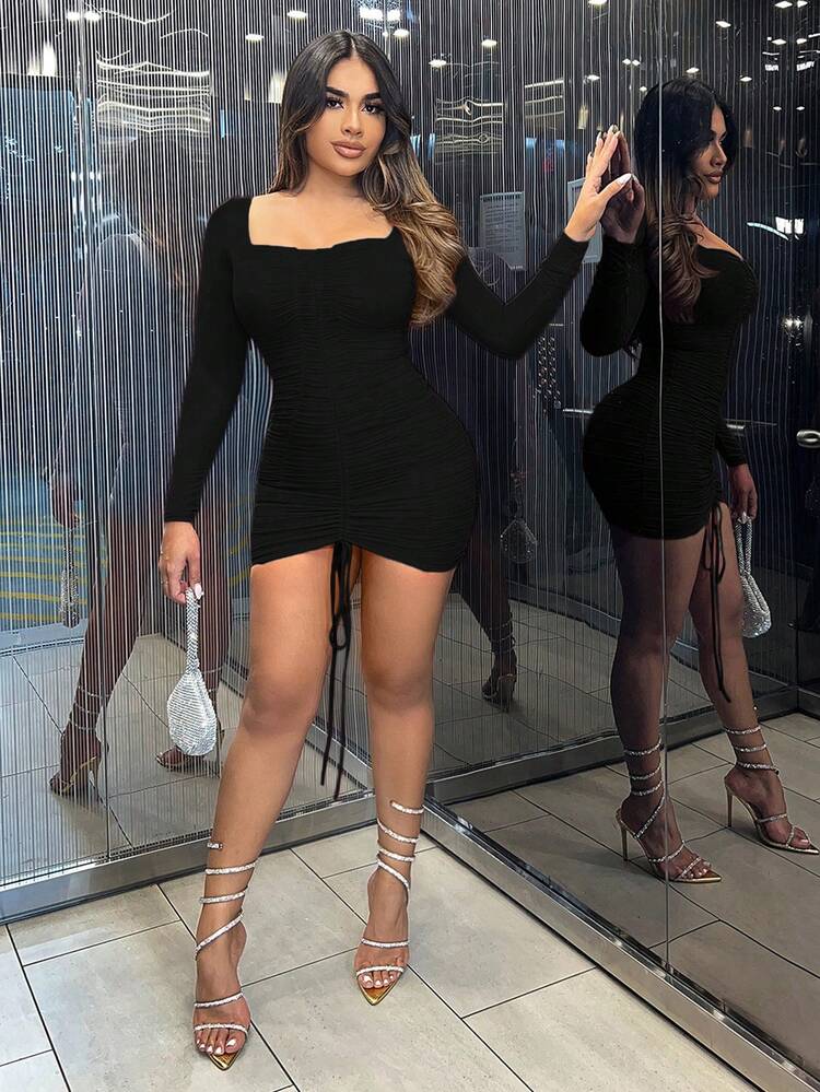 Solid Color Long Sleeve Bodycon Dress Sexy Dress