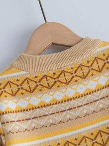 SHEIN Cô gái In Hình học Nút Lên Áo len Mở Và Ruffled Hem Váy dệt kim Bộ - Màu be - Xem 7