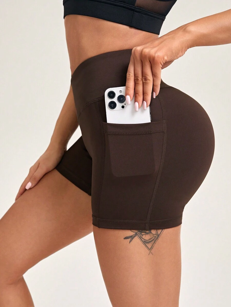 SHEIN Yoga Basic 純色側袋運動短褲 - 淡紫色 - 查看 1