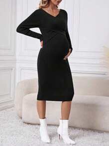 SHEIN 孕婦純色交叉裹身哺乳毛衣 - 黑色 - 查看 4