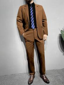 Manfinity Mode Solid Color Men'S Suit Set - Coffee Brown - View 1