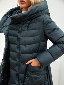 GASMAN 1pc Winter Solid Color Hooded Padded Coat With Drawstring Waist - Navy Blue - View 7