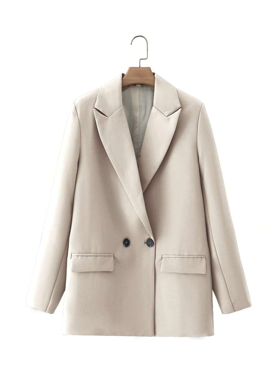 SHEIN Cottnline Plain Color Flap Pocket Women's Suit - Khaki - View 1