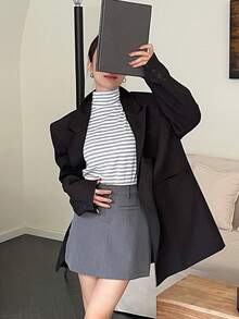 女士條紋高領t恤 - 淺灰色 - 查看 7