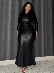 Slaydiva Plus Size Pu Hooded Long Dress - Black - View 2