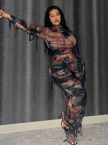 Slaydiva Plus Size Street Casual Gradient Tie Dye Texture Compression Two-Piece Set For Women - Multicolor - View 4