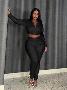 Slaydiva Plus Size Pu Leather Cropped Top And Skinny Pants Set - Black - View 1