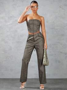 SHEIN BAE Solid Color Vintage Distressed Leather Asymmetrical Hem Backless Corset Top With Intricate Lace-Up Detail - Coffee Brown - View 4