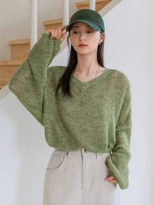 DAZY Women'S V-Neck Drop Shoulder Long Sleeve Sweater - Green - View 6