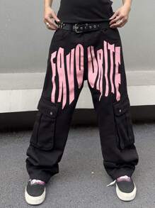 Manfinity Roghcode Men's Letter Graphic Wide Leg Cargo Jeans - Black - View 5