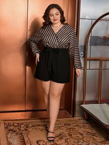 SHEIN Clasi 大尺碼女士條紋腰帶連身褲 - 彩色 - 查看 4