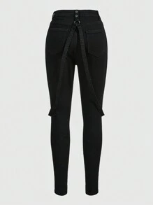 ROMWE Grunge Punk Quần Jeans Skinny Rách Và Xước Có Chi Tiết Băng, Trường Học - màu đen - Xem 2