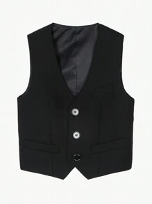 Classic Button-Front Vest For Tween Boys, Perfect For Back-To-School, Formal Occasions In Spring, Autumn And Winter - Black - View 4