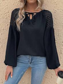 SHEIN Clasi Mesh Spliced Lace-up Long Sleeve Shirt - Black - View 6