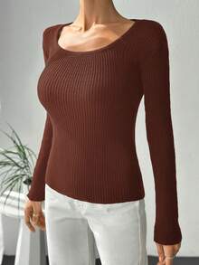 EURMUSE Màu thuần Vòng cổ Tay áo dài Áo len - màu nâu - Xem 4