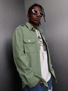 Manfinity EMRG Men's Cargo Denim Shirt With Pockets - Army Green - View 5