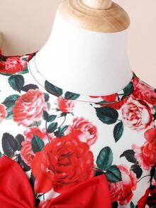 嬰兒女童玫瑰印花蓬蓬袖裙子,配有蝴蝶結裝飾 - 紅色 - 查看 3