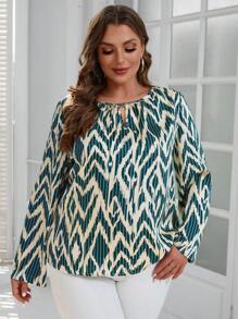 SHEIN LUNE Plus Size Women'S Lock Hole Collar Printed Shirt - Green - View 6