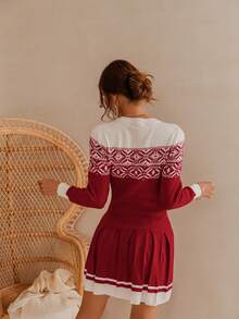 Glamaker 幾何圖案顏色塊針織連衣裙,帶有褶裥下擺 - 紅色 - 查看 2