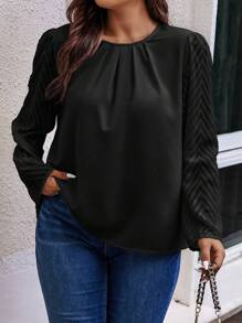 Celure Textured Jacquard Round Neck Gathered Plus Size Pullover Shirt Fall Cloth For Women