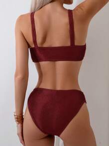 SHEIN Swim 闪亮泡泡布比基尼套装 夏日海滩 - 酒紅色 - 查看 2