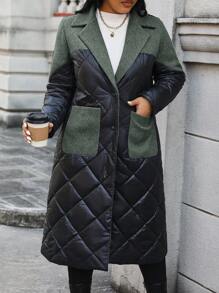 Calvaya 大码拼色翻领加厚棉服外套冬季 - 軍綠色 - 查看 3