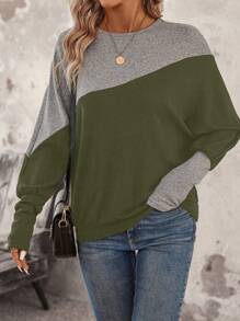 SHEIN LUNE Tương phản Màu sắc tay cánh Giải trí Áo nỉ - xanh quân đội - Xem 3