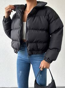 EURMUSE 純色短款棉袍外套 - 黑色 - 查看 5