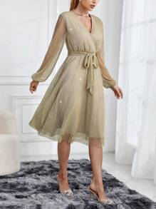 SHEIN Privé Tay áo lồng đèn Cổ chữ V Đầm - Rượu sâm banh - Xem 5