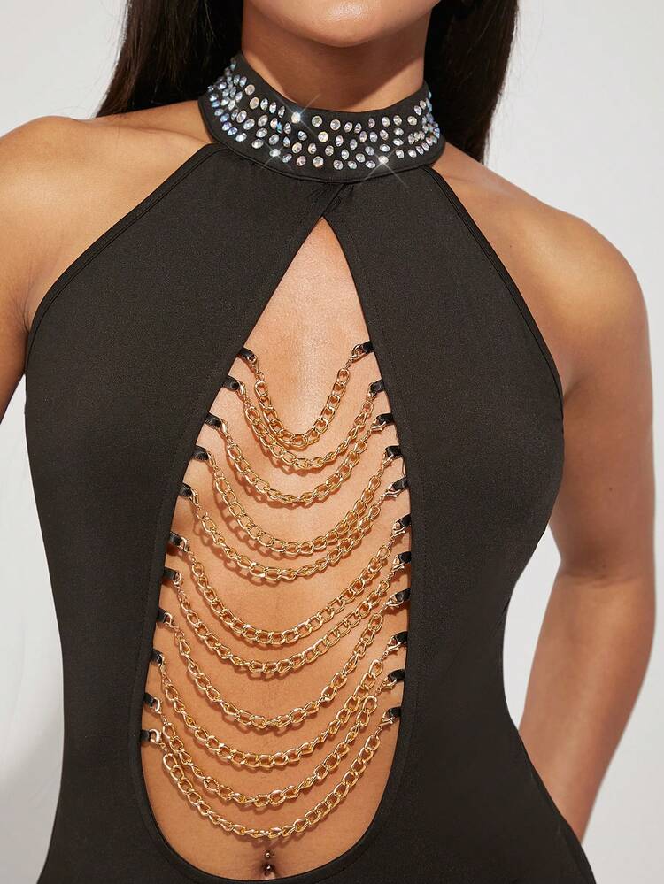 Fashionable & Sexy Hollow-Out Rhinestone Decor Halter Bodysuit
