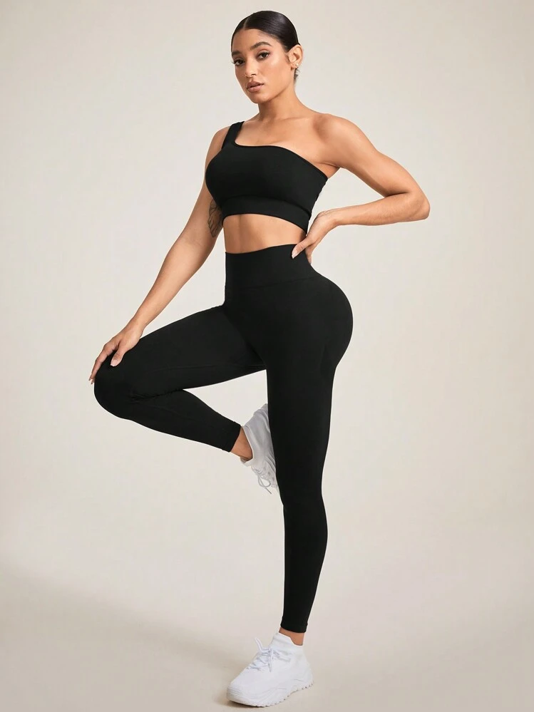 SHEIN Yoga Basic 女款純色健身服 - 黑色 - 查看 3